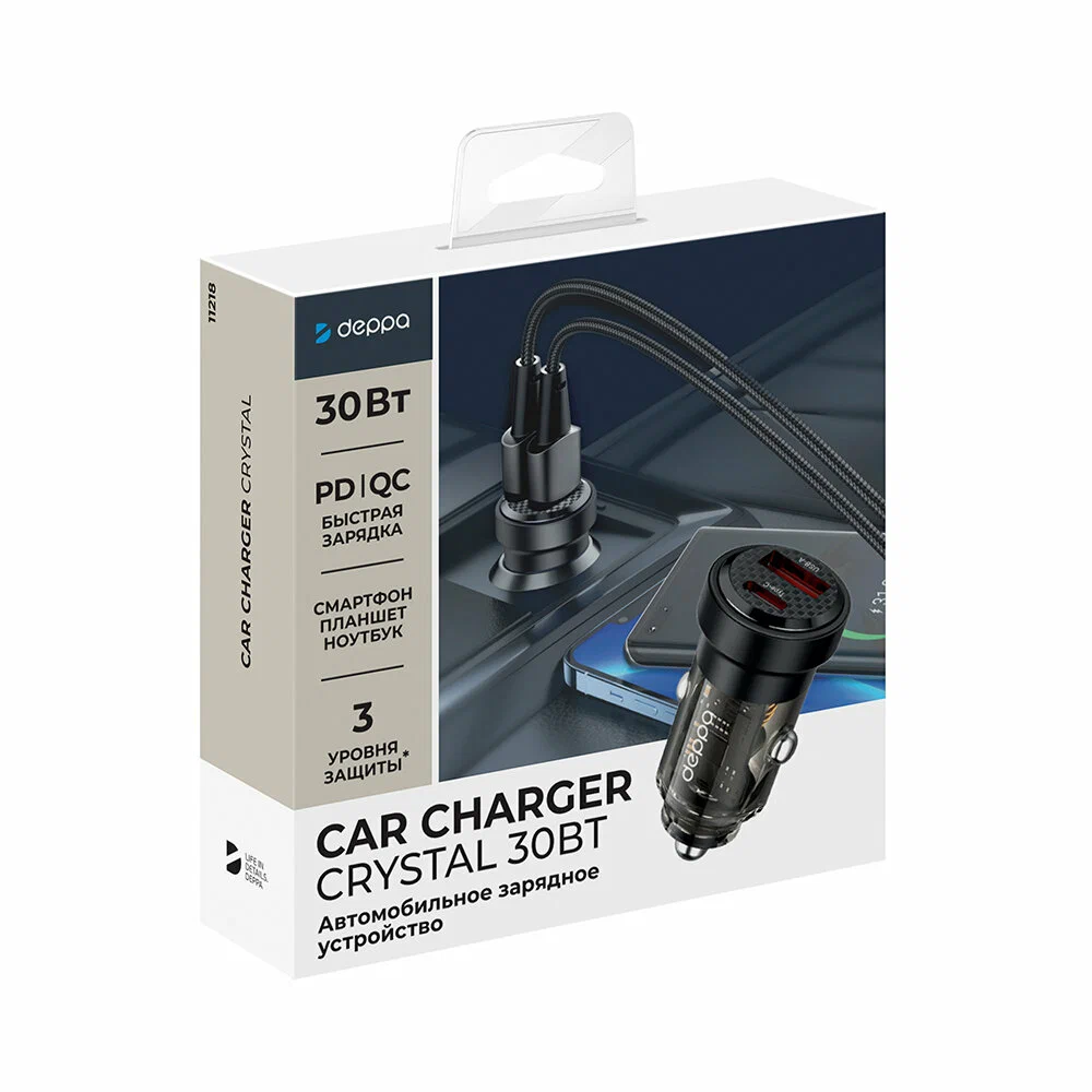 АЗУ USB A + USB-C, PD, QC 3.0, 30W, Crystal, прозрачный, черный, Deppa 11218