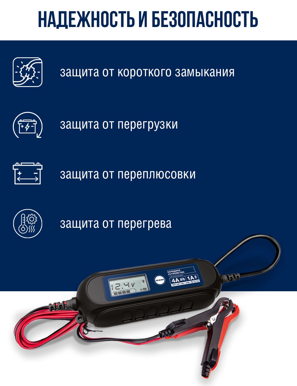 RR105 Умное зарядное устройство для аккумуляторов Smart car  charger (6/12В, ток 1А/4А)