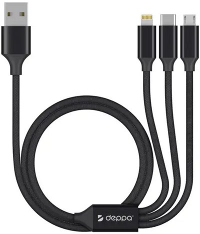 Дата-кабель 3 в 1: micro USB, USB-C, Ligthning, алюминий, 1.2м, черный, Deppa 72299