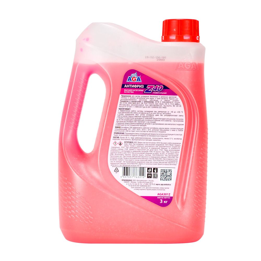 AGA301Z Антифриз красный, -40С, 3кг, G-12++ ANTIFREEZE AGA-Z40, PREMIX