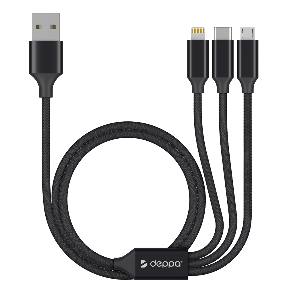 Дата-кабель 3 в 1: micro USB, USB-C, Ligthning, алюминий, 1.2м, черный, Deppa 72299