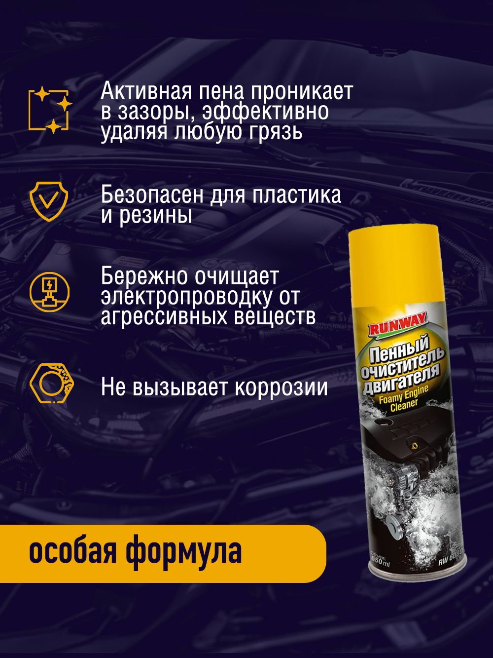 RW6080 Пенный очиститель двигателя 650мл аэрозоль