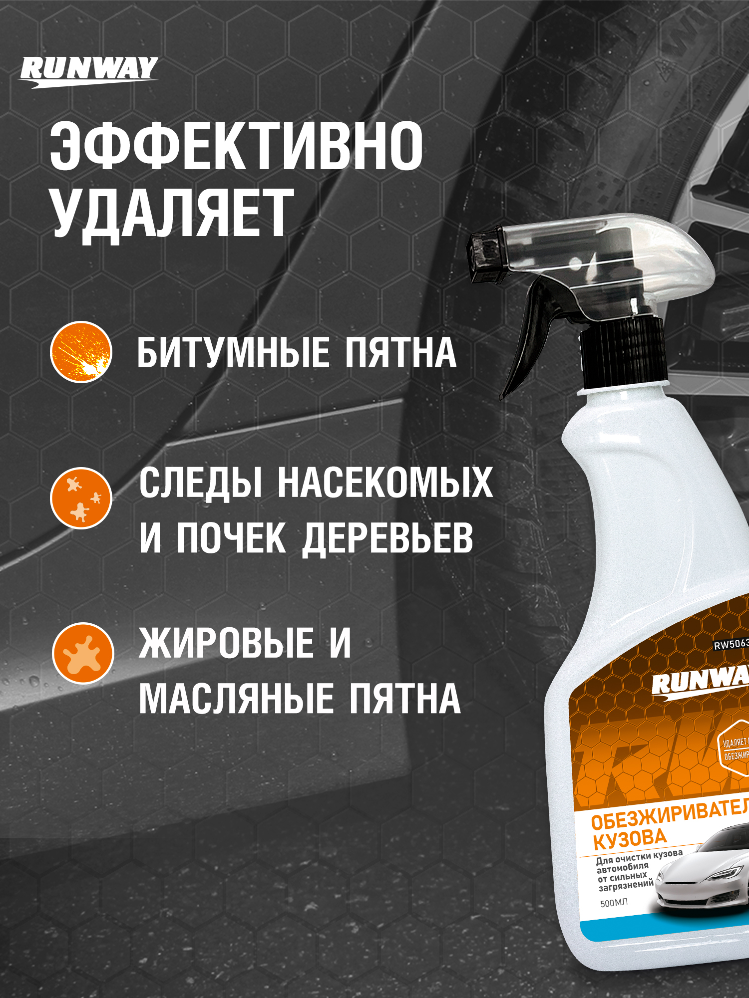 RW5063 Обезжириватель. Очиститель битумных пятен "2 в 1" 500мл