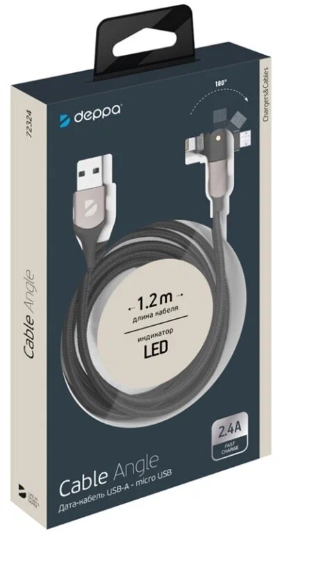 Дата-кабель USB-A - Lightning, поворотный, 180˚, USB 2.0, 2,4A, 1.2м, алюминий, нейлон, черный,Deppa 72326