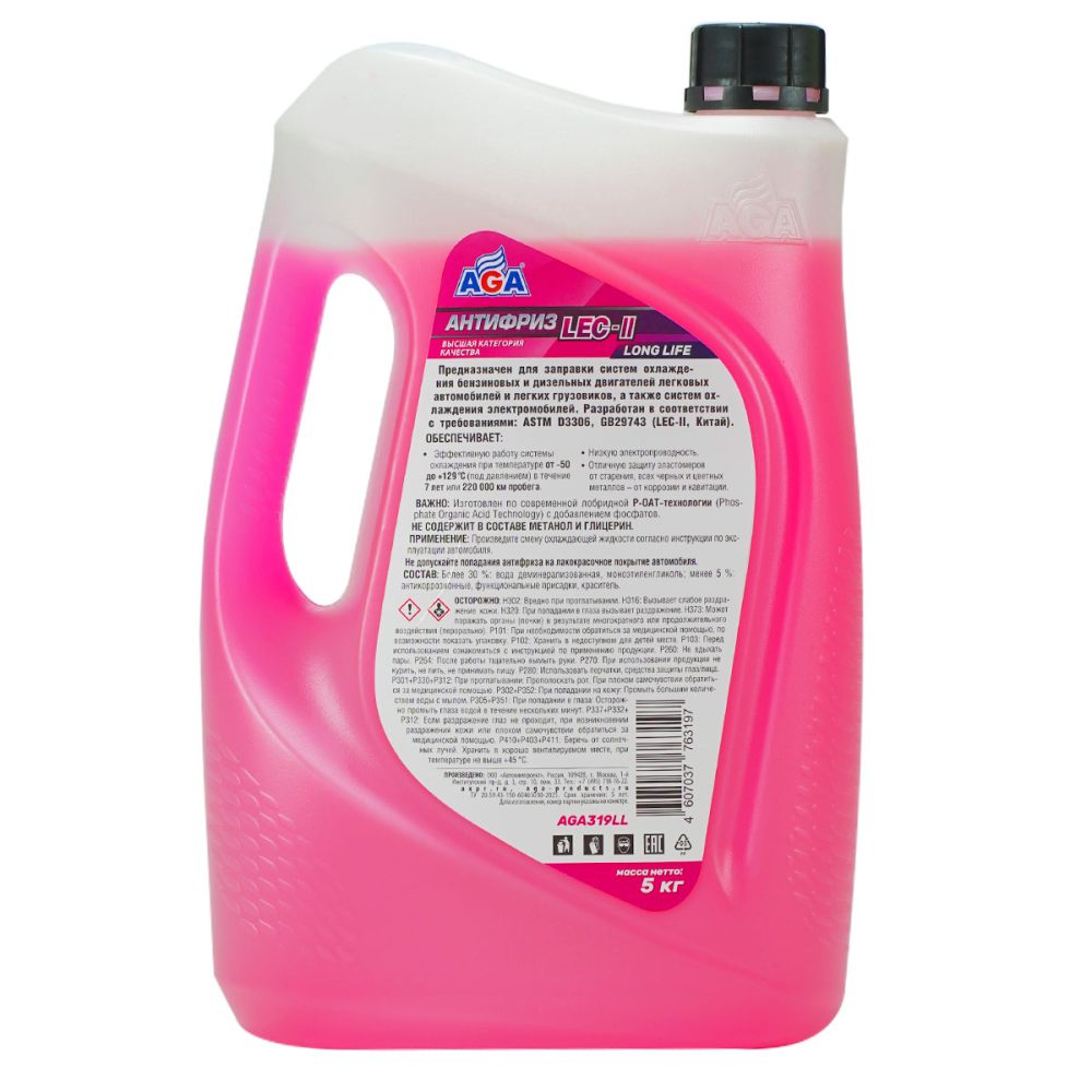 AGA319LL Антифриз, готовый к применению, розовый, -50С, 5кг, LEC-II;ANTIFREEZE AGA LEC-II