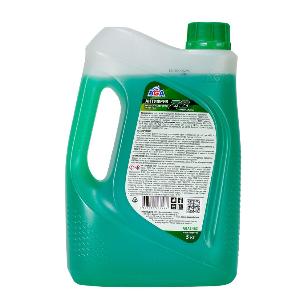 AGA348Z Антифриз зеленый, -42С, 3 кг, G-12++ ANTIFREEZE AGA-Z42, PREMIX