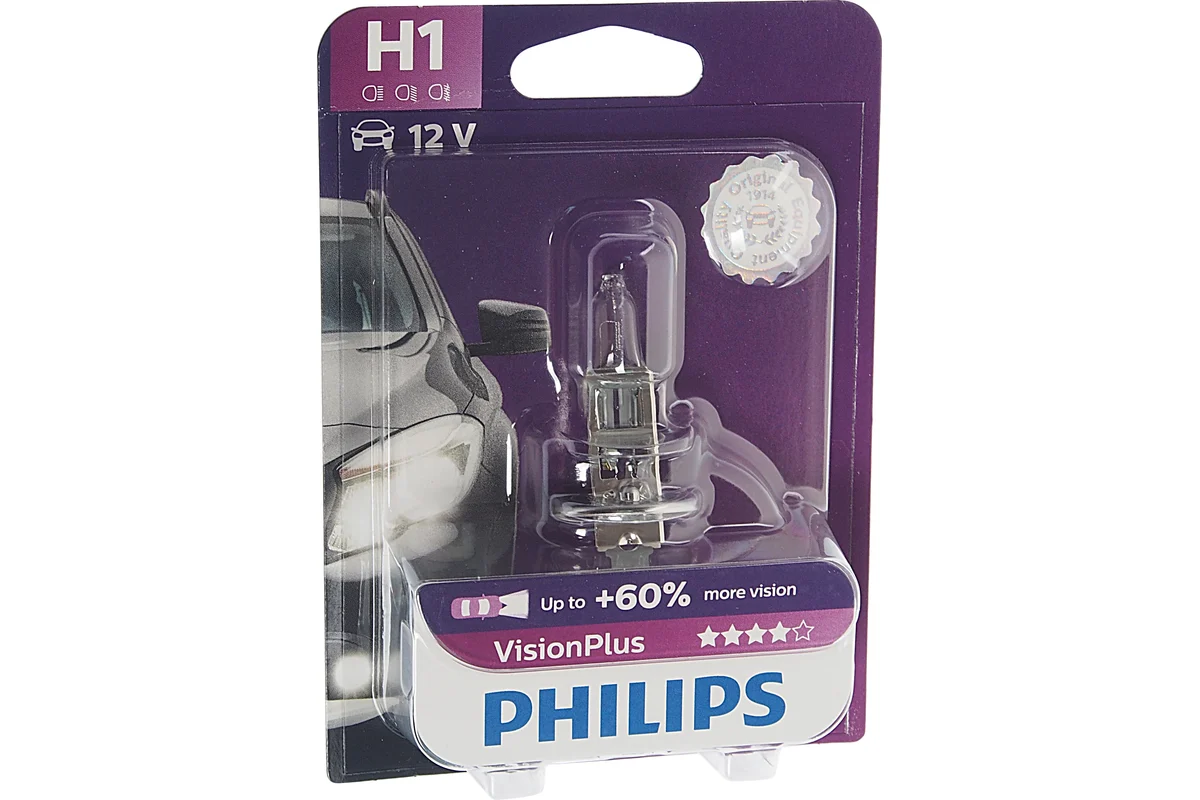 Лампа PHILIPS H1 12V 55W Vision Plus (P14.5s) 12258VPB1 +60% блистер 1шт.