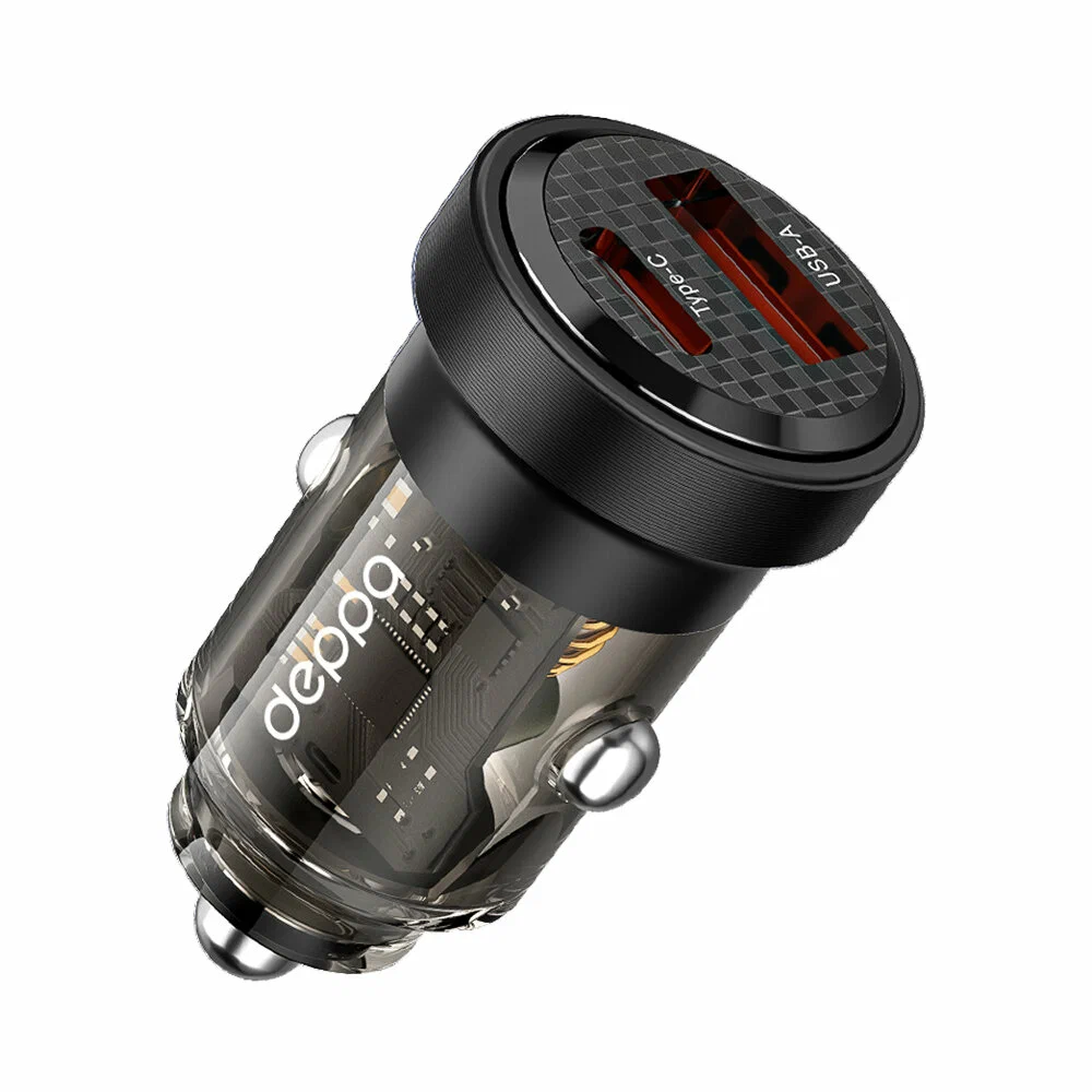 АЗУ USB A + USB-C, PD, QC 3.0, 30W, Crystal, прозрачный, черный, Deppa 11218
