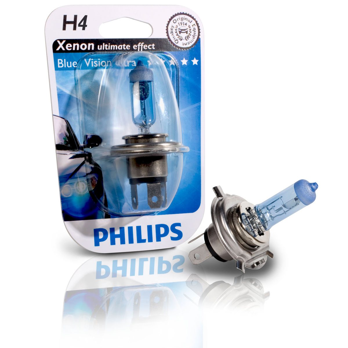Лампа PHILIPS H4 12V 55W Blue Vision Ultra 12342BVUB1 (белый яркий светло-голуб) блистер 1 шт.