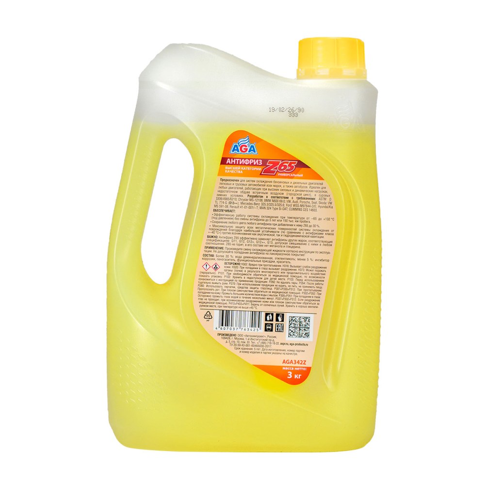 AGA342Z Антифриз  желтый, -65С, 3 кг, G-12++ ANTIFREEZE AGA-Z65, PREMIX