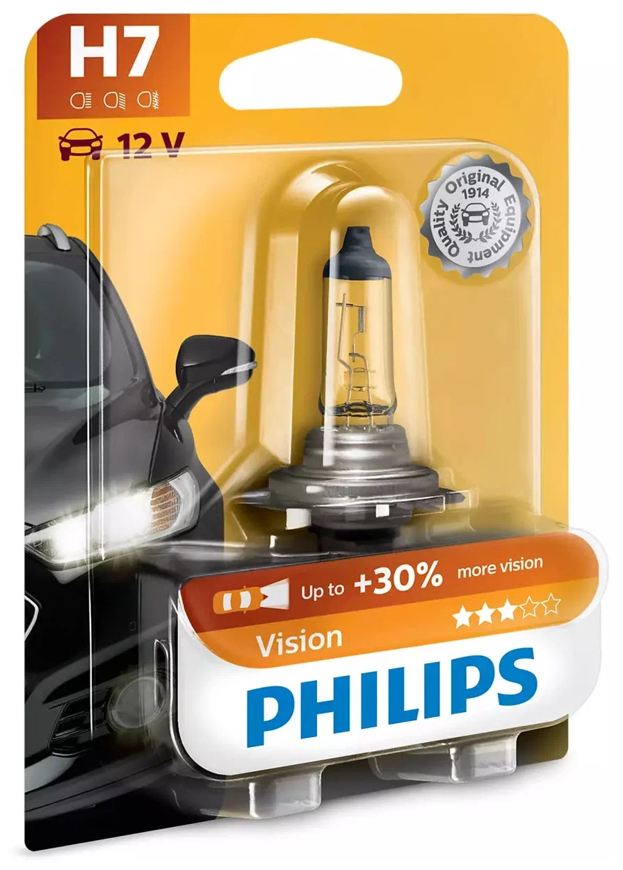 Лампа PHILIPS H7 12V 55W PX26d Vision Plius 12972VPB1 +60% блистер 1шт.