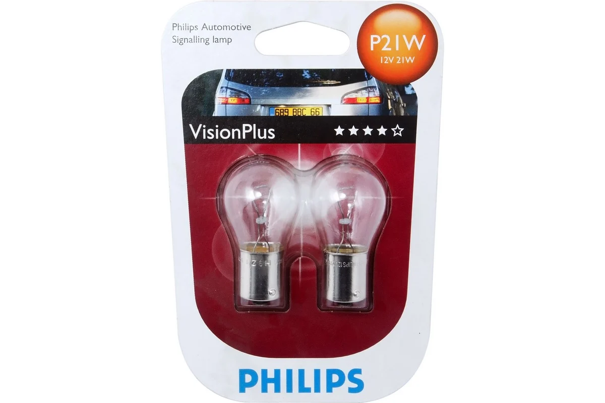 Лампа PHILIPS P21W (BA15s) +60% VISION PLUS 12498VPB2  (блистер 2 шт.) 12V