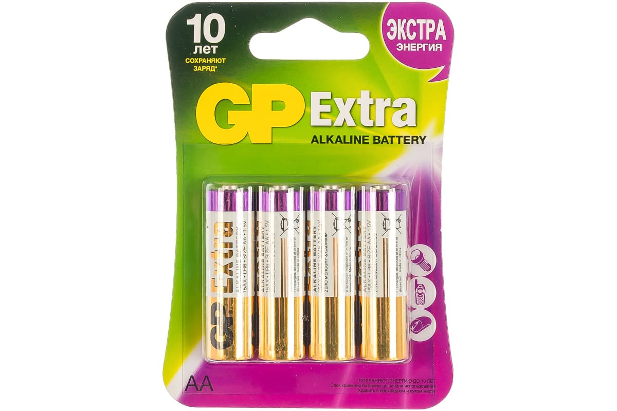 Алкалиновые батарейки GP Extra Alkaline 15А AA - 4 шт. на блистере