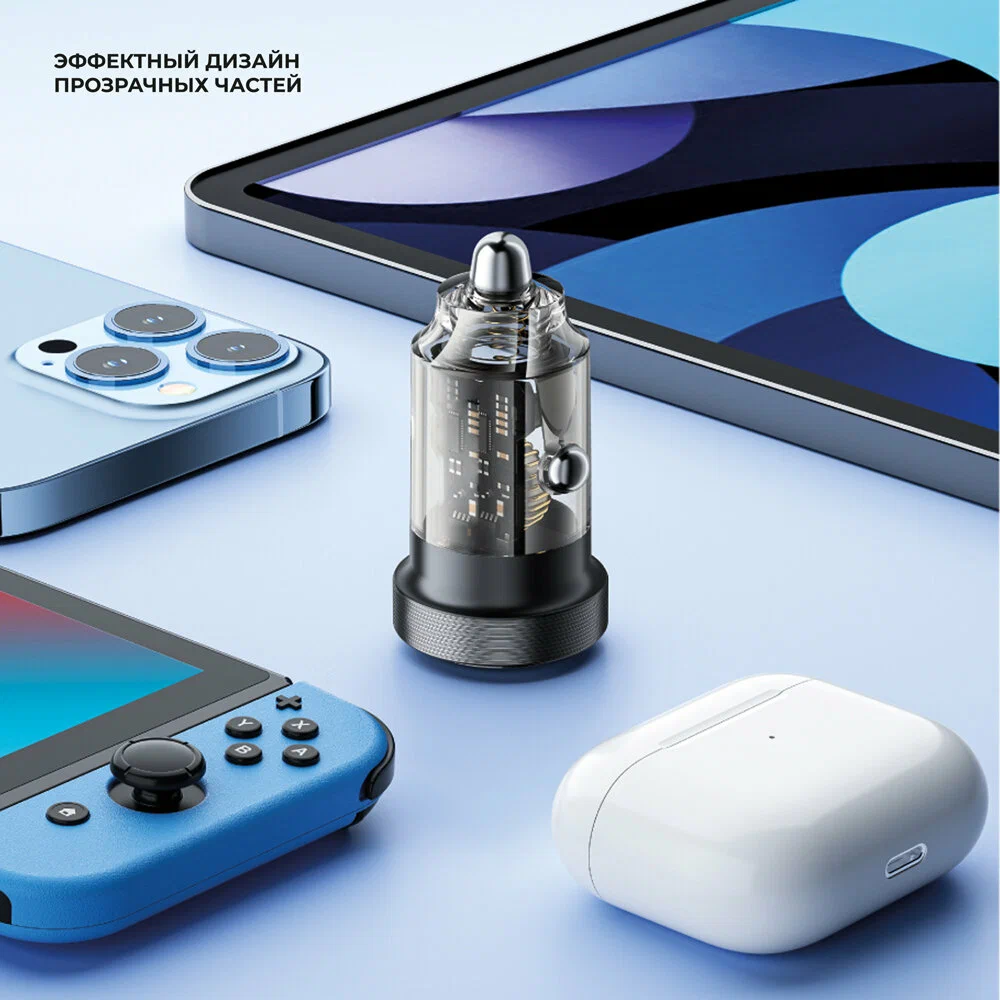 АЗУ USB A + USB-C, PD, QC 3.0, 30W, Crystal, прозрачный, черный, Deppa 11218